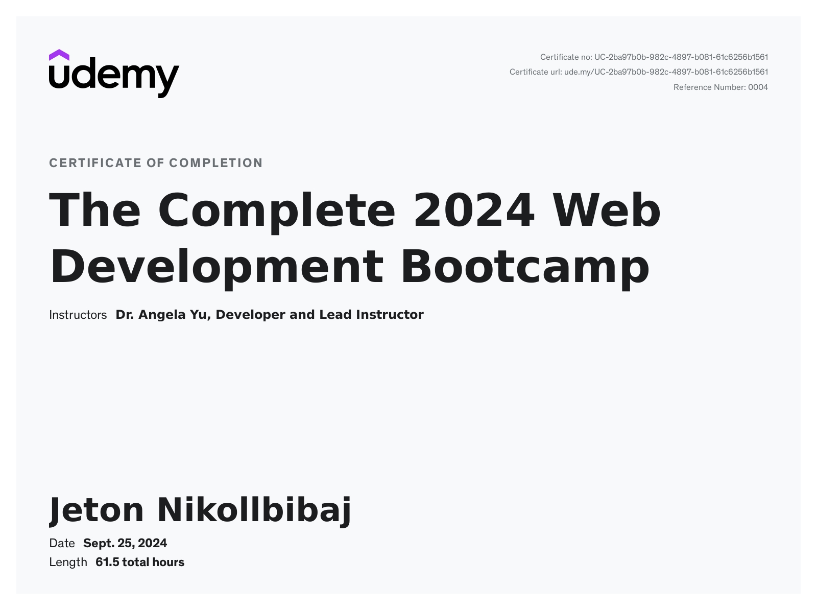 The Complete 2024 Web Development Bootcamp Certification